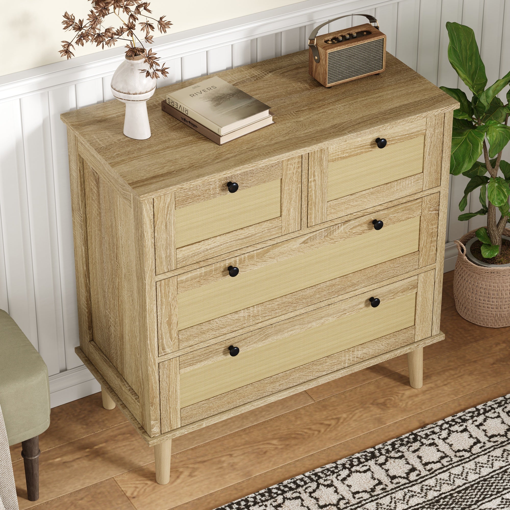 Commode avec 4 tiroirs en rotin - 80 x 40 x 80 cm - Panneaux de particules - Naturel - 9
