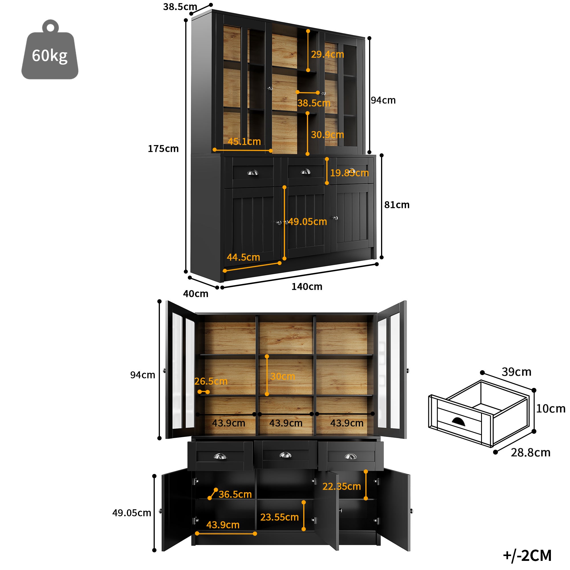 Buffet de cuisine avec 5 portes, 3 tiroirs et étagères de rangement, vitrine - 140 x 38.5 x 175 cm - MDF - Noir + naturel - 5