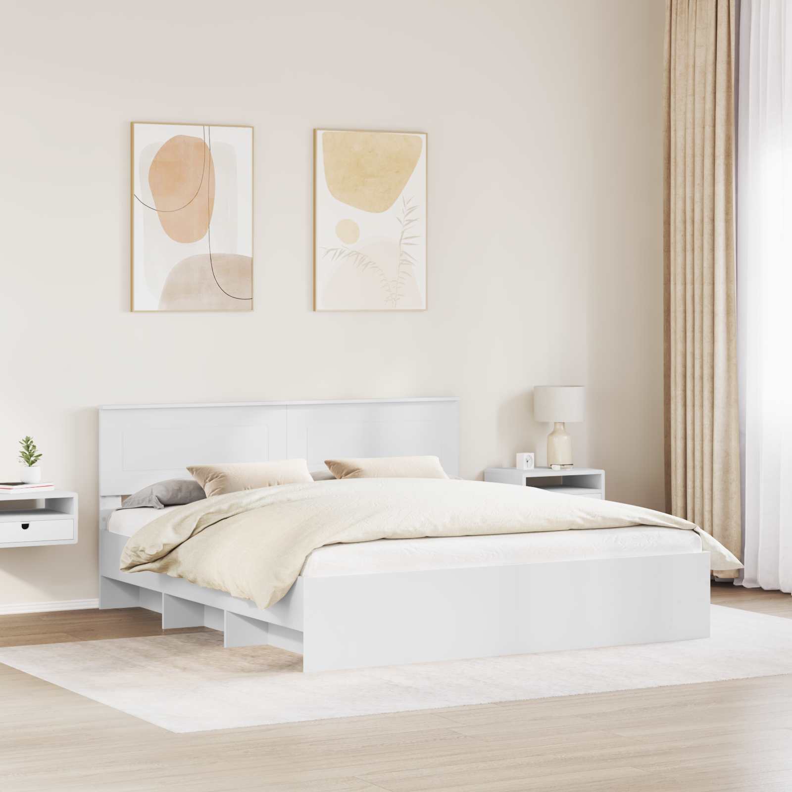 Cadre de lit blanc en panneau de bois pour la chambre, 200 × 200 cm - 3