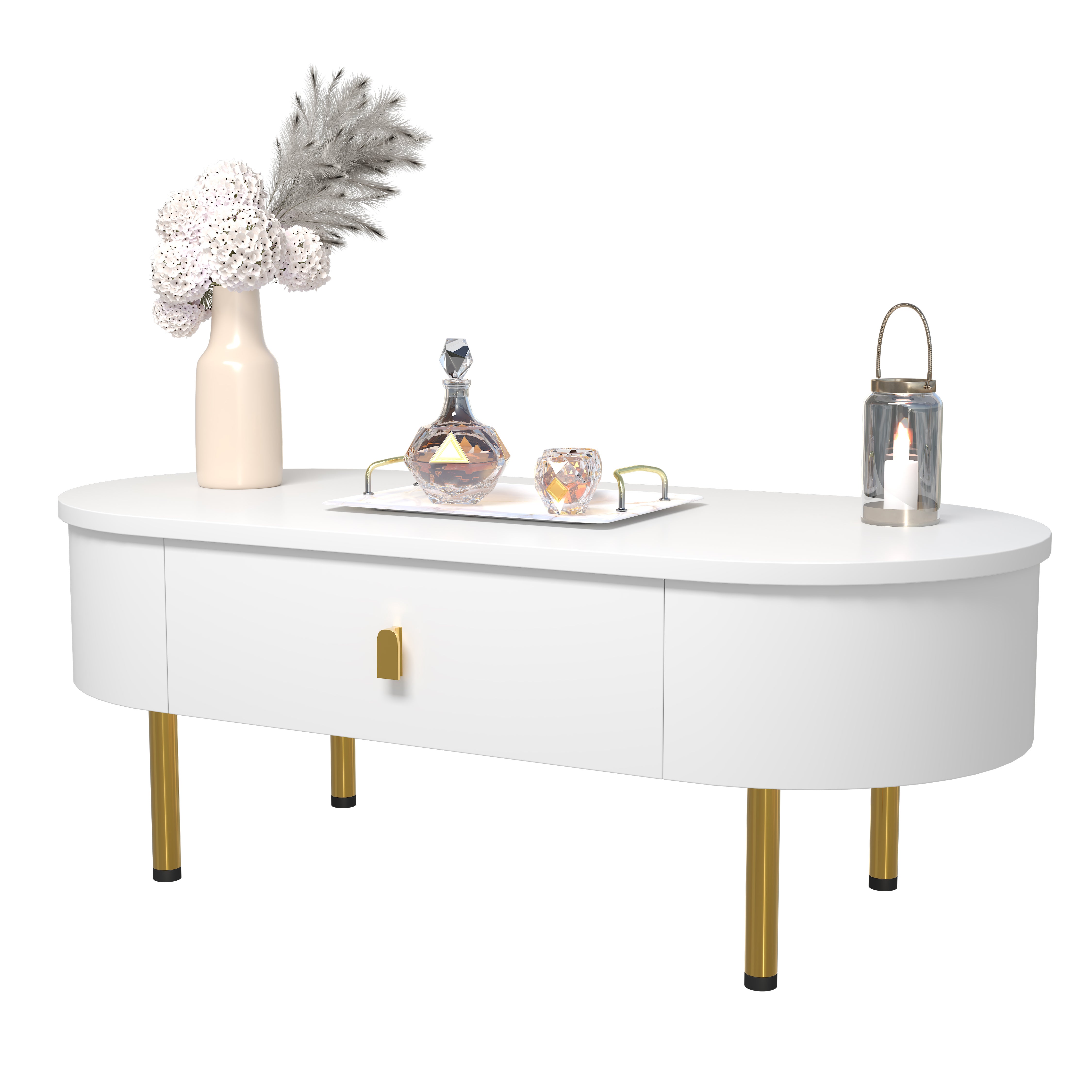 Stolik kawowy owalny z 2 szufladami - 108 x 50 x 40 cm - MDF, uchwyty i nogi metalowe w kolorze złotym - biały