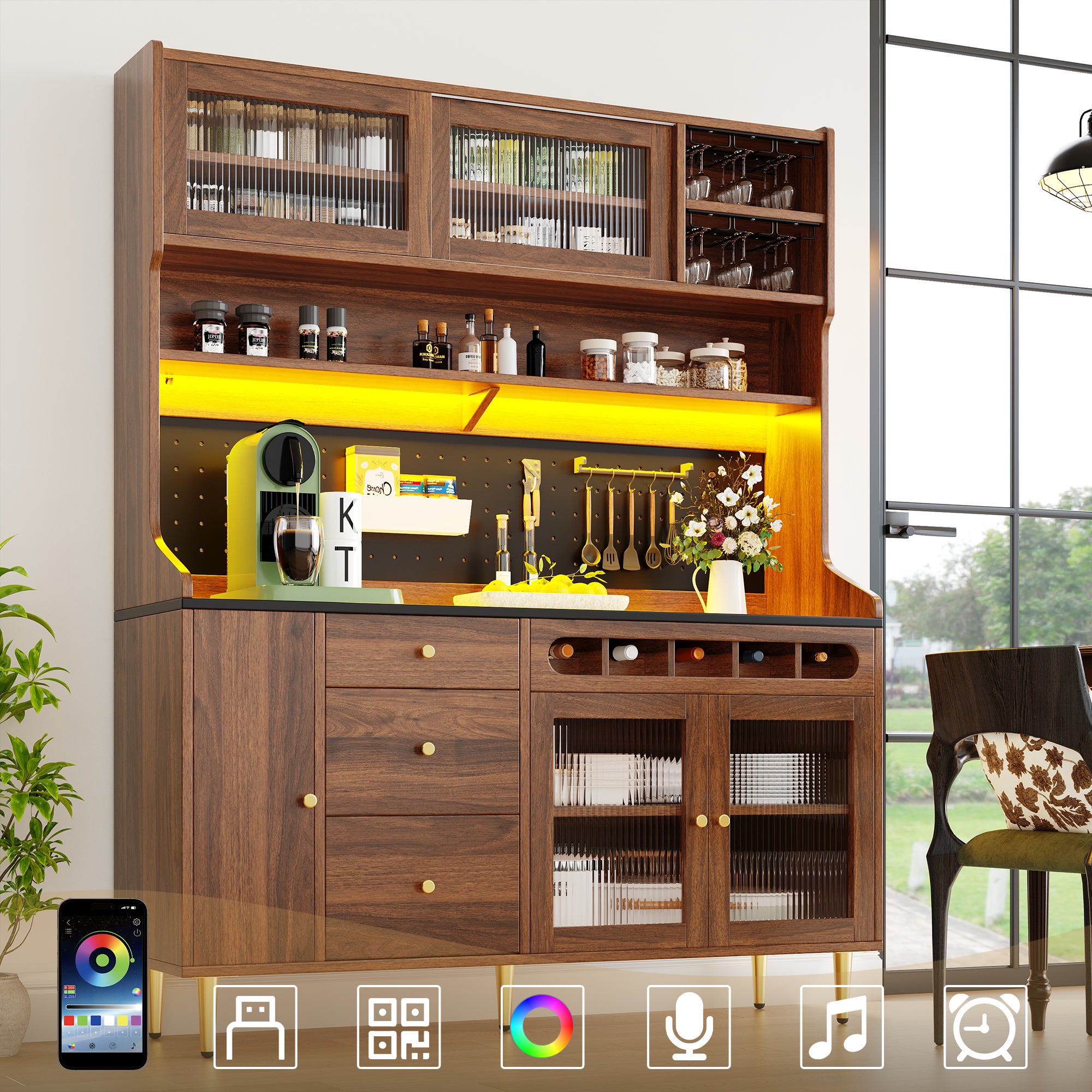 Meuble de cuisine avec étagères réglables145×39×171cm,Buffet de salon avec Lumières LED et casier à vin,3 tiroirs,Convient aux salon et cuisine,Noyer - 6