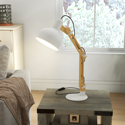 Lampa biurkowa w stylu vintage, wykonana z bambusa, z regulowanym obrotowym ramieniem, biała + naturalna