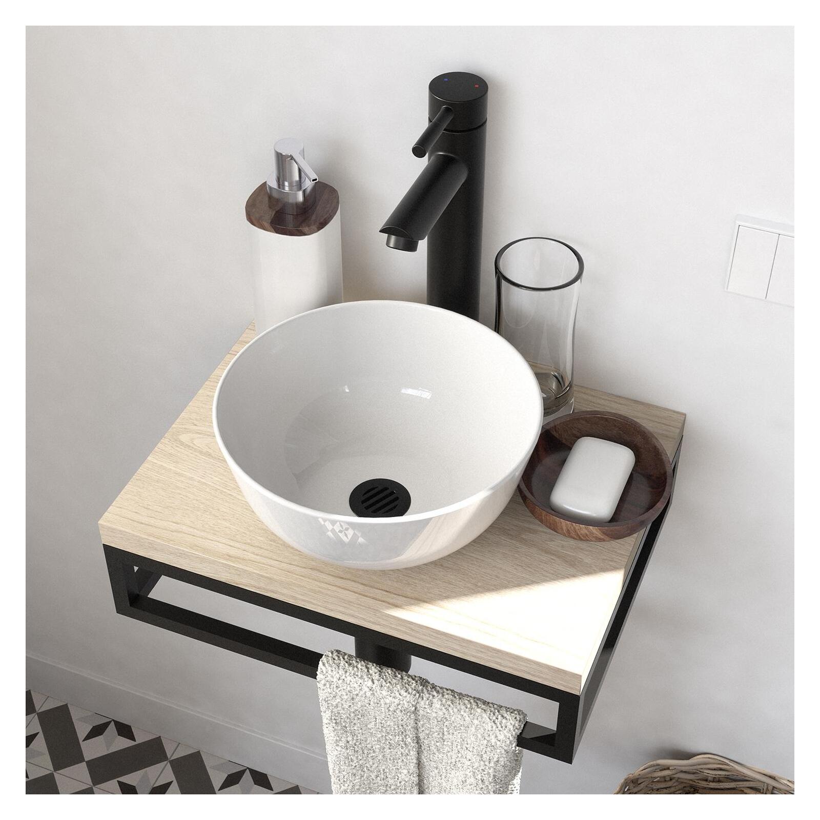 Meuble lave-mains SOHO plan fin et porte serviette dessous vasque blanche - 5