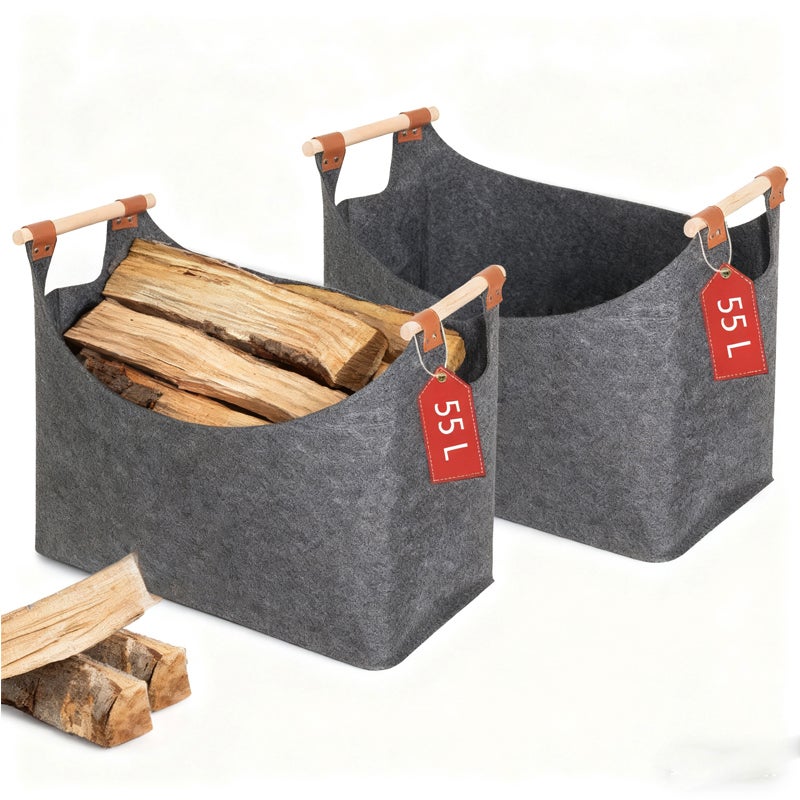 2 x Pojemnik do przechowywania 55L z uchwytami - Składany kosz na drewno kominkowe z filcu - Organizacja salonu na zabawki, koce, gazety (45x32x40 cm)