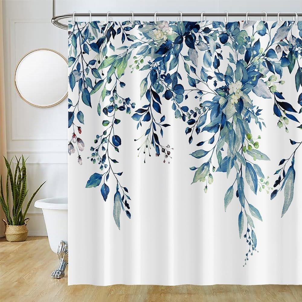 Tenda Doccia Con Foglie Blu, 183x183 Cm, Poliestere Impermeabile, Antimuffa, Con 12 Ganci