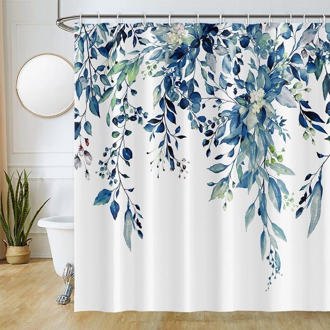 Tenda Doccia Con Foglie Blu, 183x183 Cm, Poliestere Impermeabile, Antimuffa, Con 12 Ganci