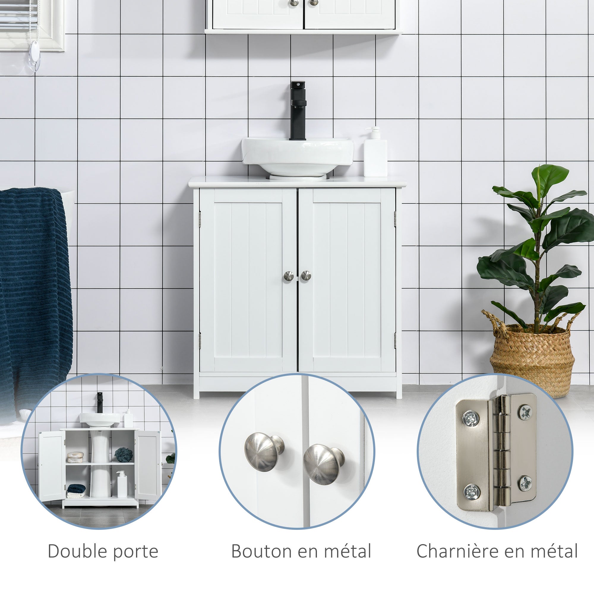 Meuble salle de bain sous lavabo - meuble sous-vasque - placard 2 portes avec étagère - dim. 60L x 30l x 60H cm - en bois blanc - 9