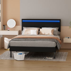 Letto Matrimoniale 140x200cm, con LED RGB, Rivestito in Pelle (Testiera+Pediera), 4 Gambe, Tasche, Piattaforma (Materasso Non Incluso) (Nero) | Leroy Merlin