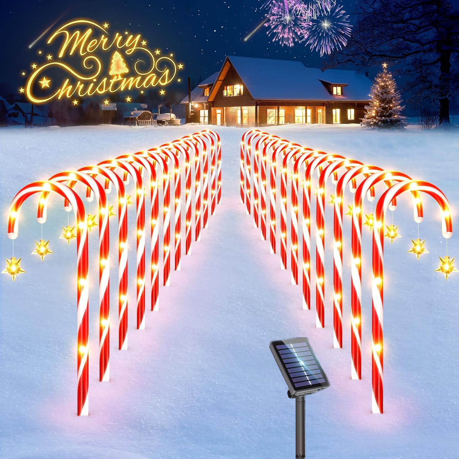 Świąteczne solarne girlandy w kształcie lasek cukrowych, dekoracje świąteczne zewnętrzne, solarne girlandy świąteczne do alejek (22 sztuki/zestaw)