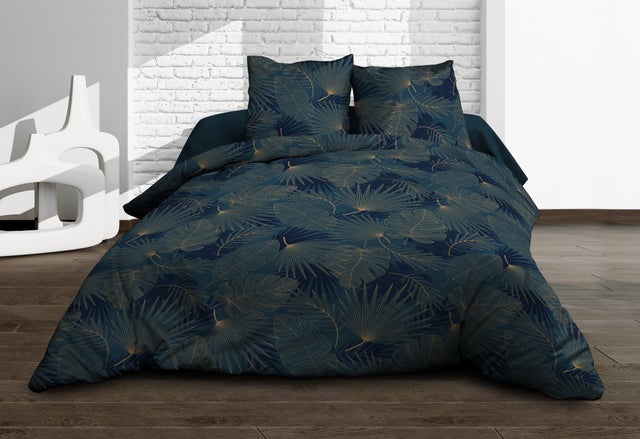 Parure Drap plat + drap-housse 140x190 + 2 T - Pur coton 57 fils - Olinda bleu