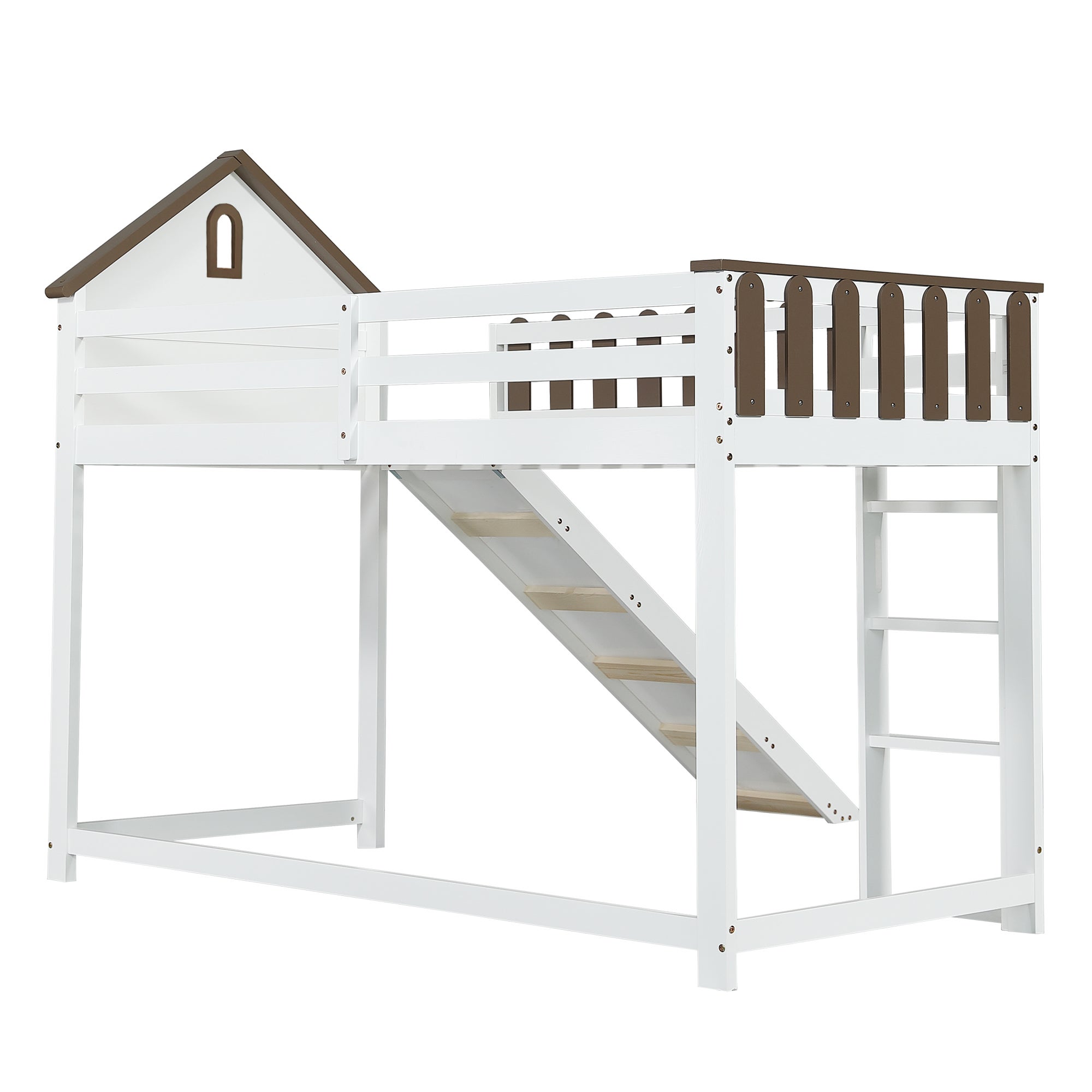 Lit mezzanine 90x200 cm avec échelle et toboggan - en bois de pin et MDF - Blanc & Marron - 9
