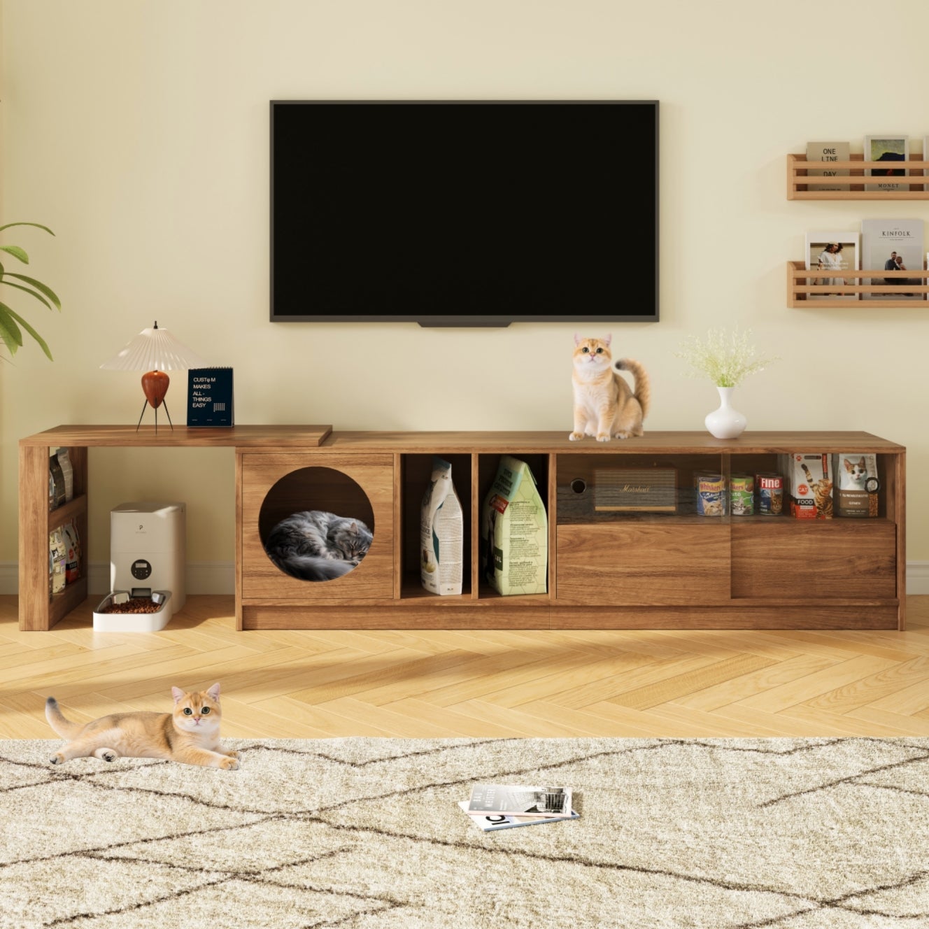 Meuble TV pivotant avec portes en verre et coin repos pour chat - 180(+80) x 40 x 50 cm - pour salon et chambre - MDF + verre - Noyer
