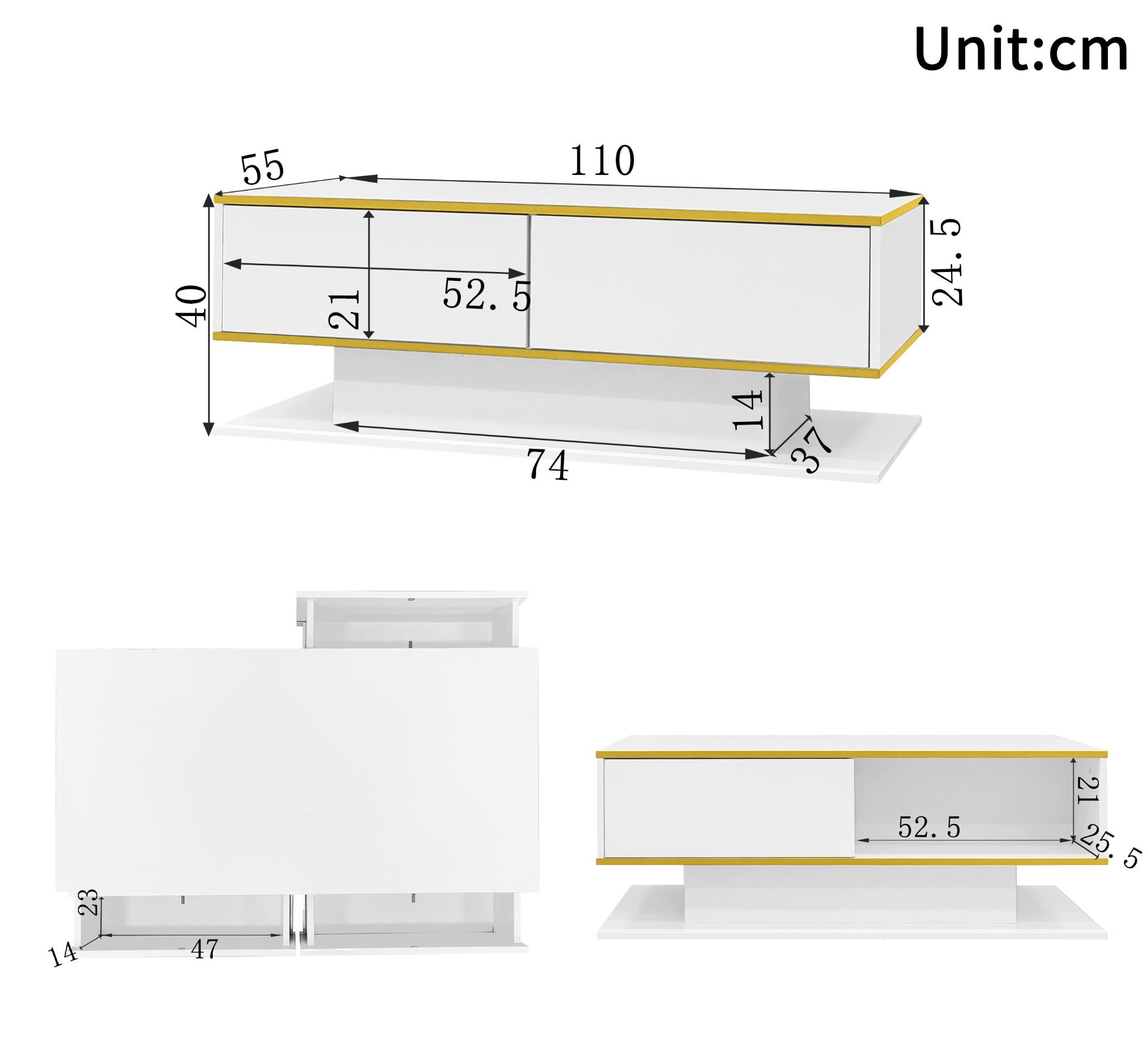 Table Basse LED Moderne avec Surface Haute Brillance, Détails Dorés, Trois Tiroirs et Éclairage LED Changeant de Couleur (110x55x40cm) - 8