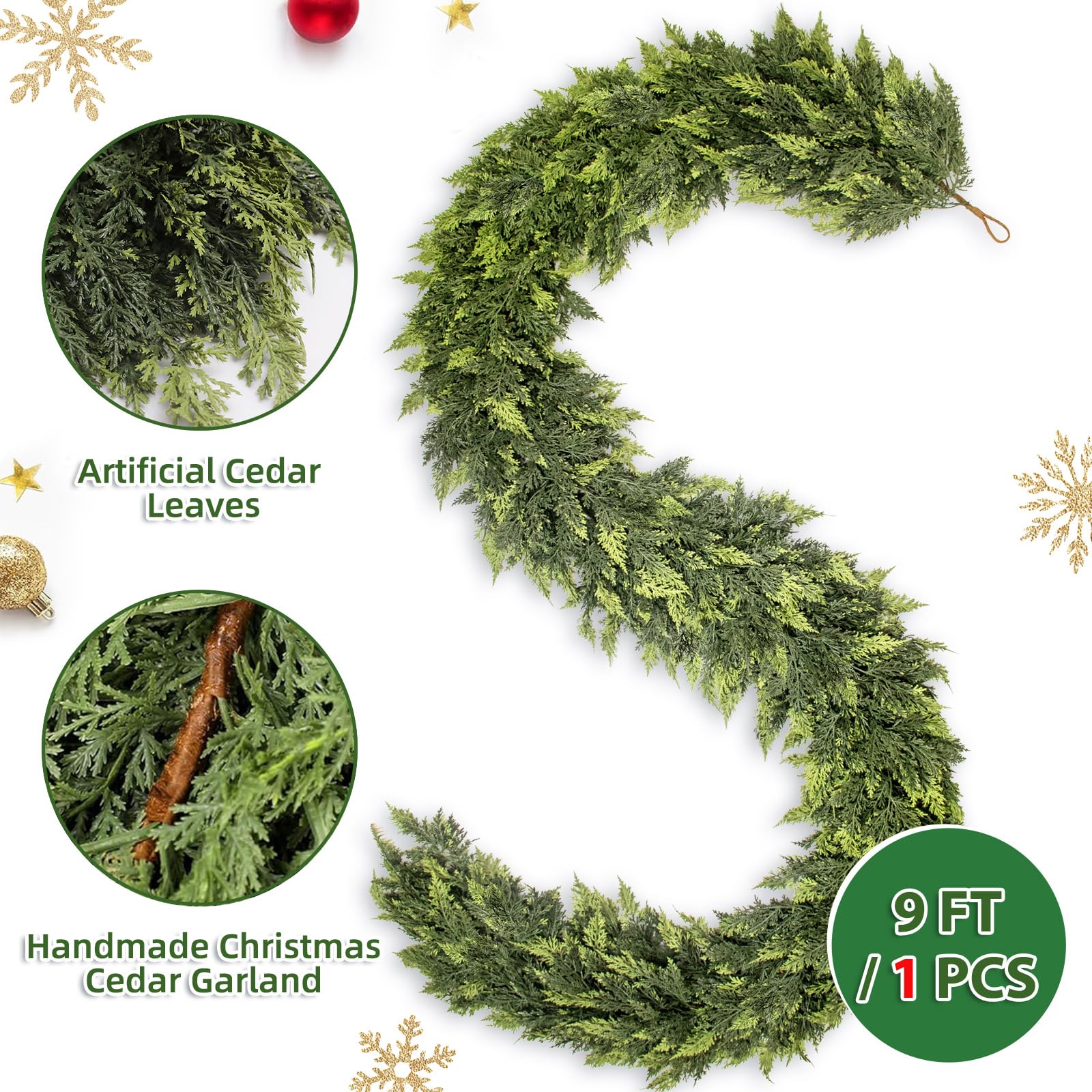 Ghirlanda natalizia artificiale con foglie di cipresso, realistica e dalla consistenza densa, ideale per decorare un tavolo pranzo camino (2,7 m) - 8