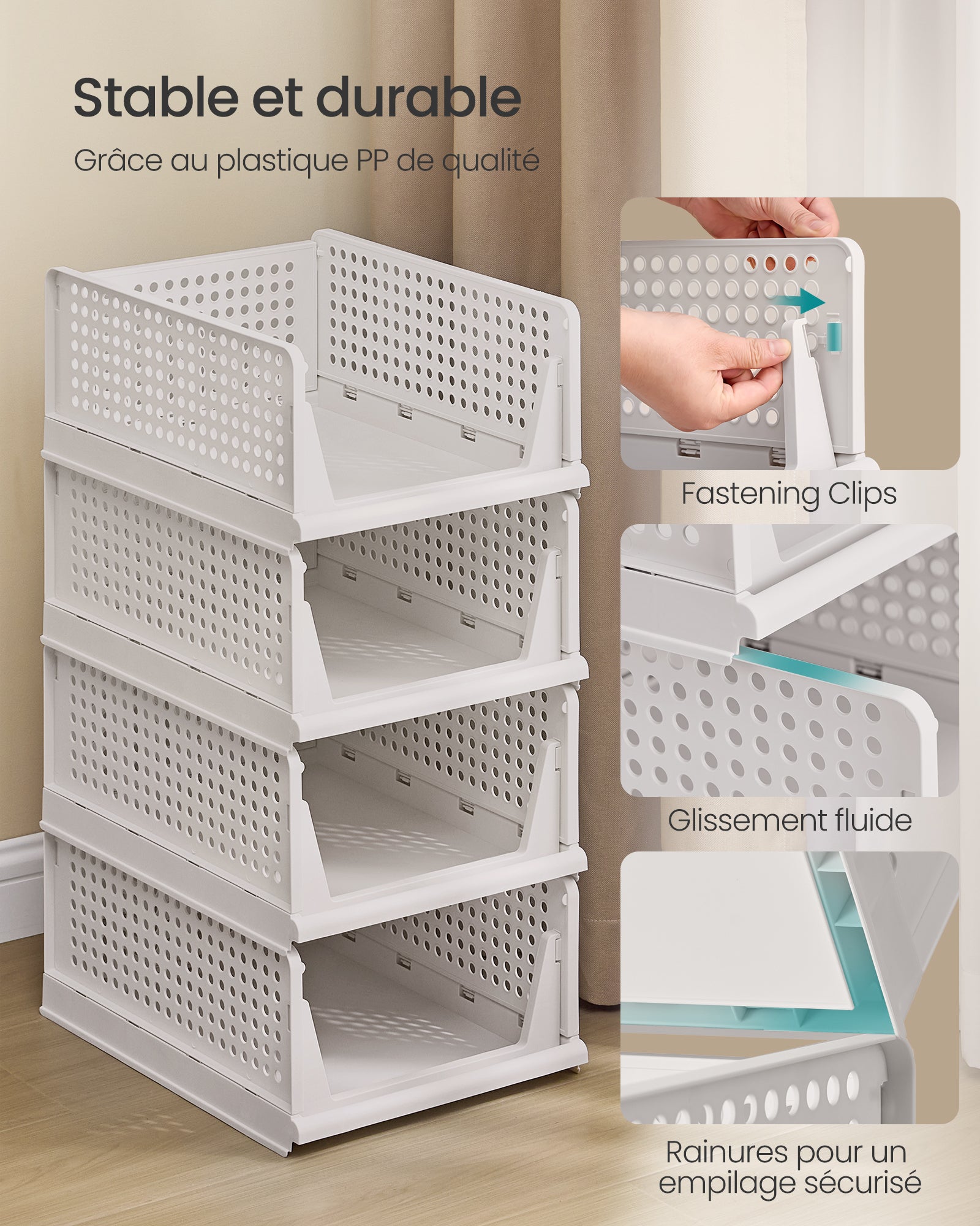 SONGMICS Organisateur d’Armoire Pliable, Tiroir Coulissant Empilable, Lot de 4, Blanc - 4