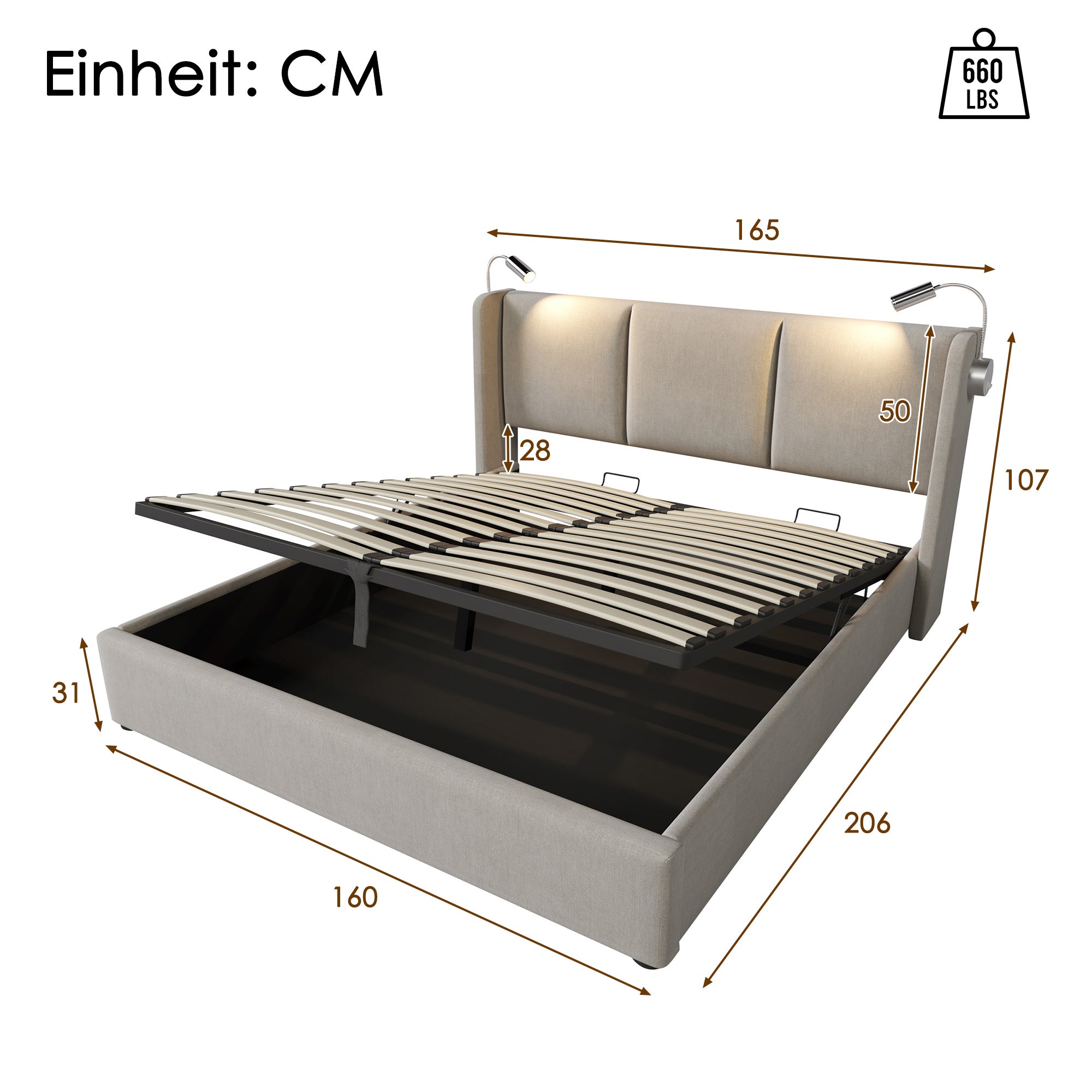 Cama contenedor 160 x 200 cm con cabecero - tela de lino - USB + lámpara de lectura - beige - 8