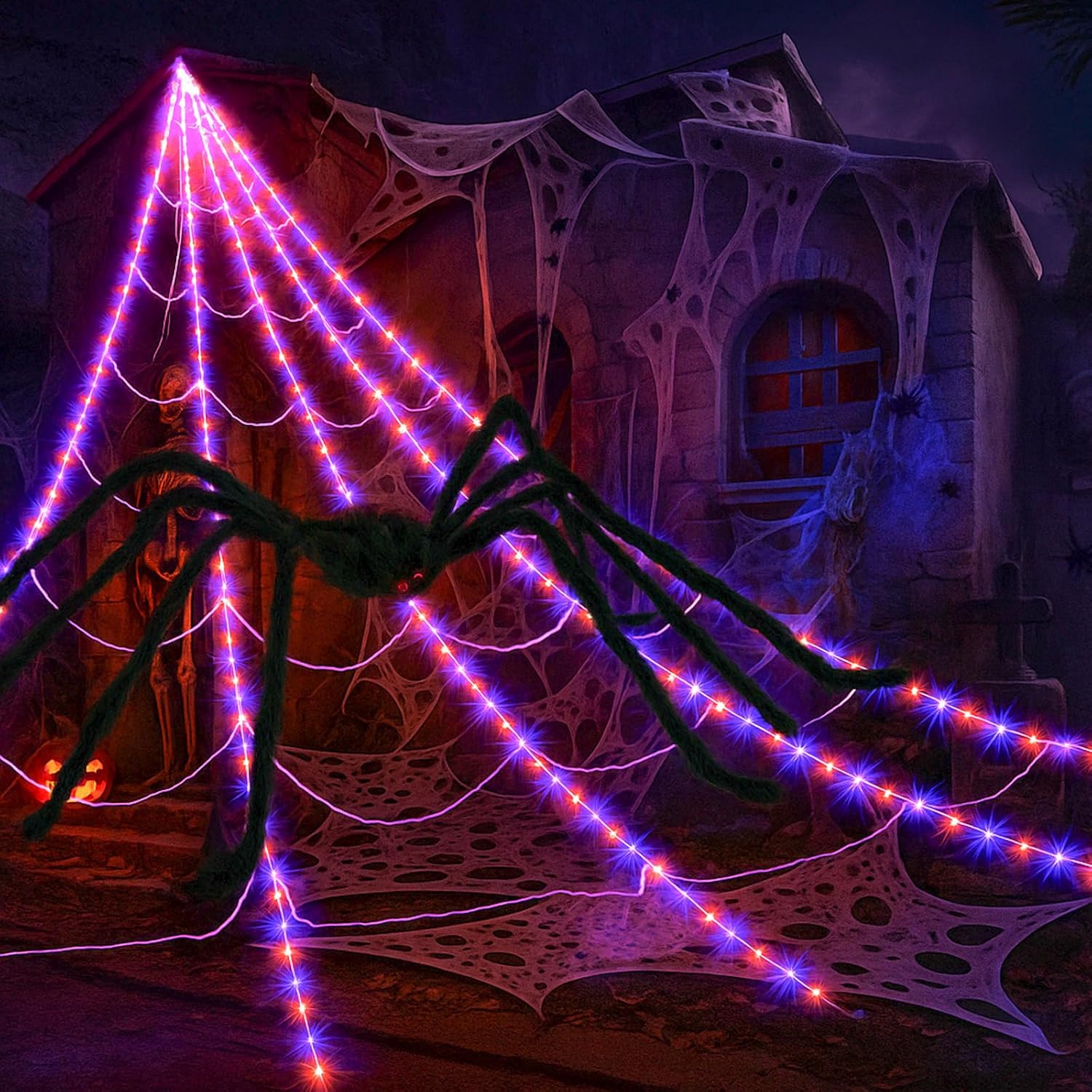 Dekoracje na Halloween świecąca pajęczyna o średnicy cm z czarnym pająkiem wodoodporna siatka świetlna z diodami LED pilot zdalnego sterowania
