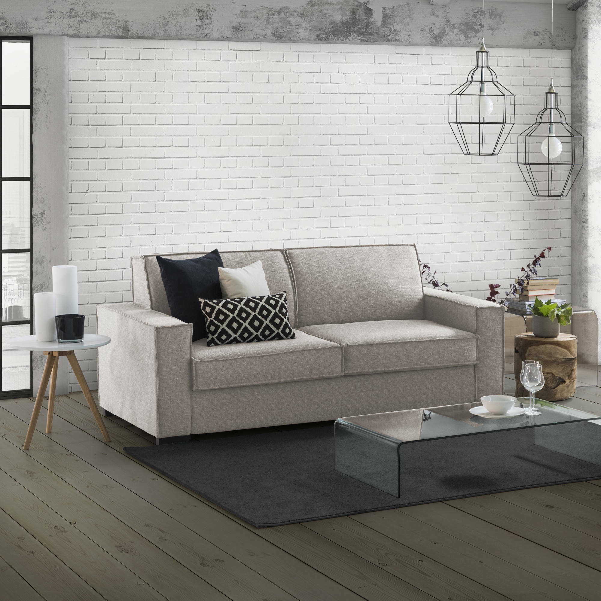 Sofá cama 2 plazas giuliana, sofá de salón con apertura giratoria, tejido acolchado, reposabrazos estándar, 100% made in italy, cm 180x95h90, taupe
