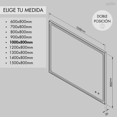 Espelho retangular com luz LED, sensor de ligar/desligar e anti-embaciamento, luz branca fria regulável (5700K) - 100 x 80cm MIA BRIGHT - 4