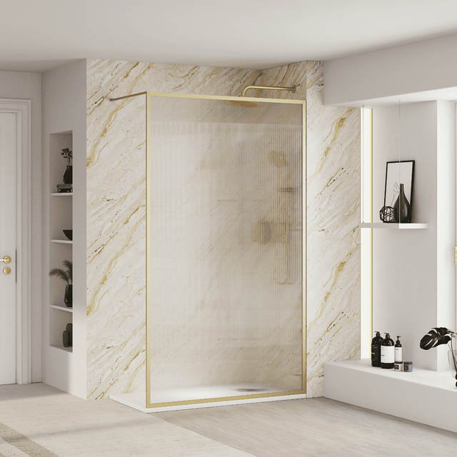 Moustiquaire de douche fixe à nervures | Verre nervuré anti-calcaire de 8 mm et hauteur de 195 cm| Profil doré encadré par écran à l’intérieur 100 cm