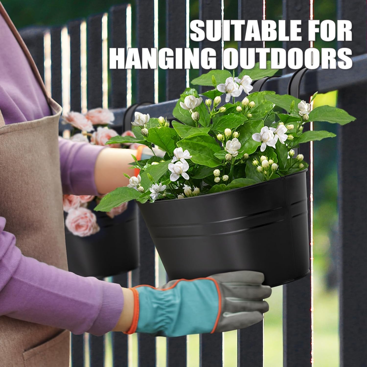 4 Pièces Pots de Fleurs Suspendus en Métal, 27CM Grands Pots de Plantes Seau à Fleurs Suspendu avec Crochet Amovible pour Balcon Jardin - 4