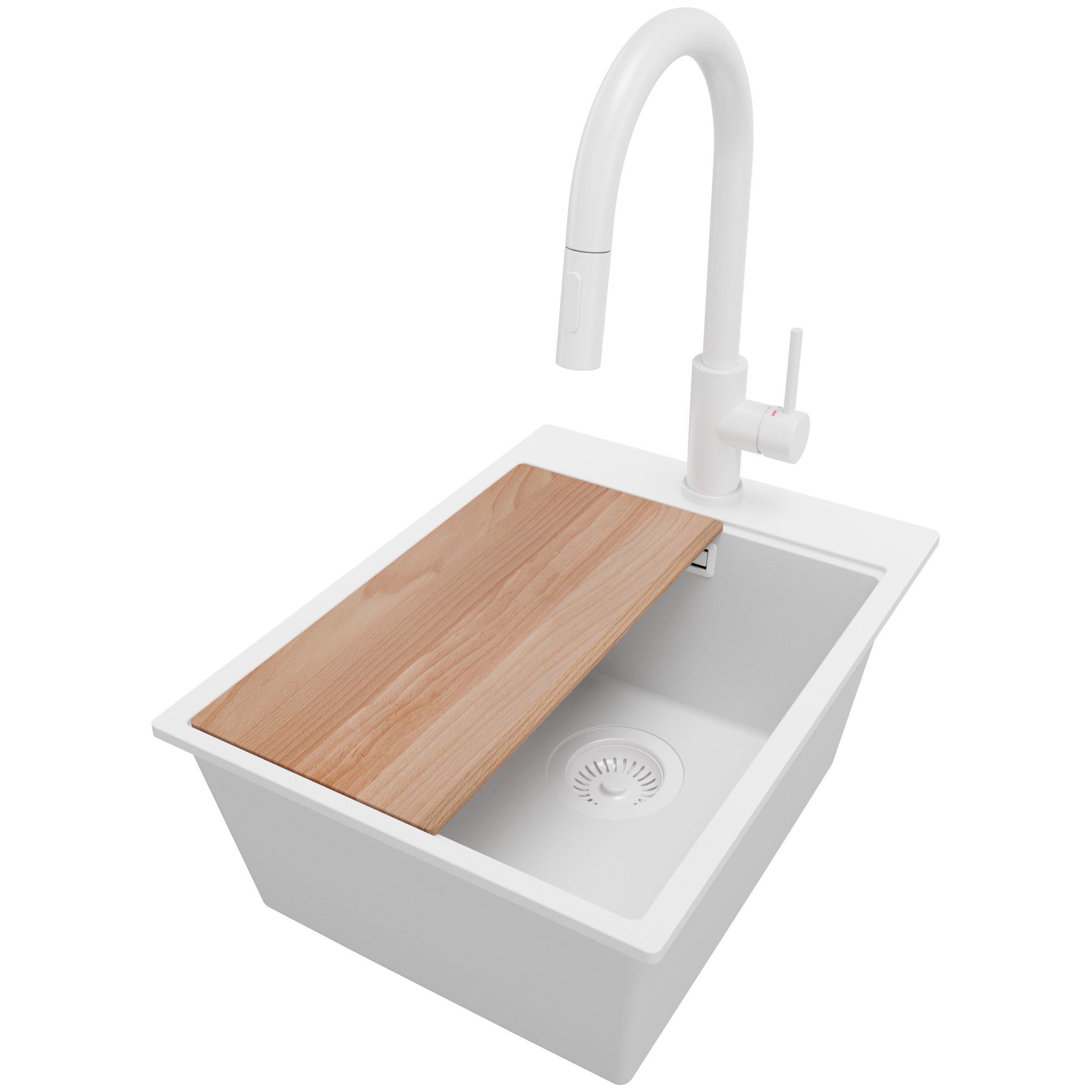 Zlewozmywak Granitowy Cały Biały 38x50cm, Zlew Kuchenny 1 Komorowy + Bateria 40x20cm + Syfon + Deska, Nablatowy do szafki od 40cm - Oslo PRIMAGRAN