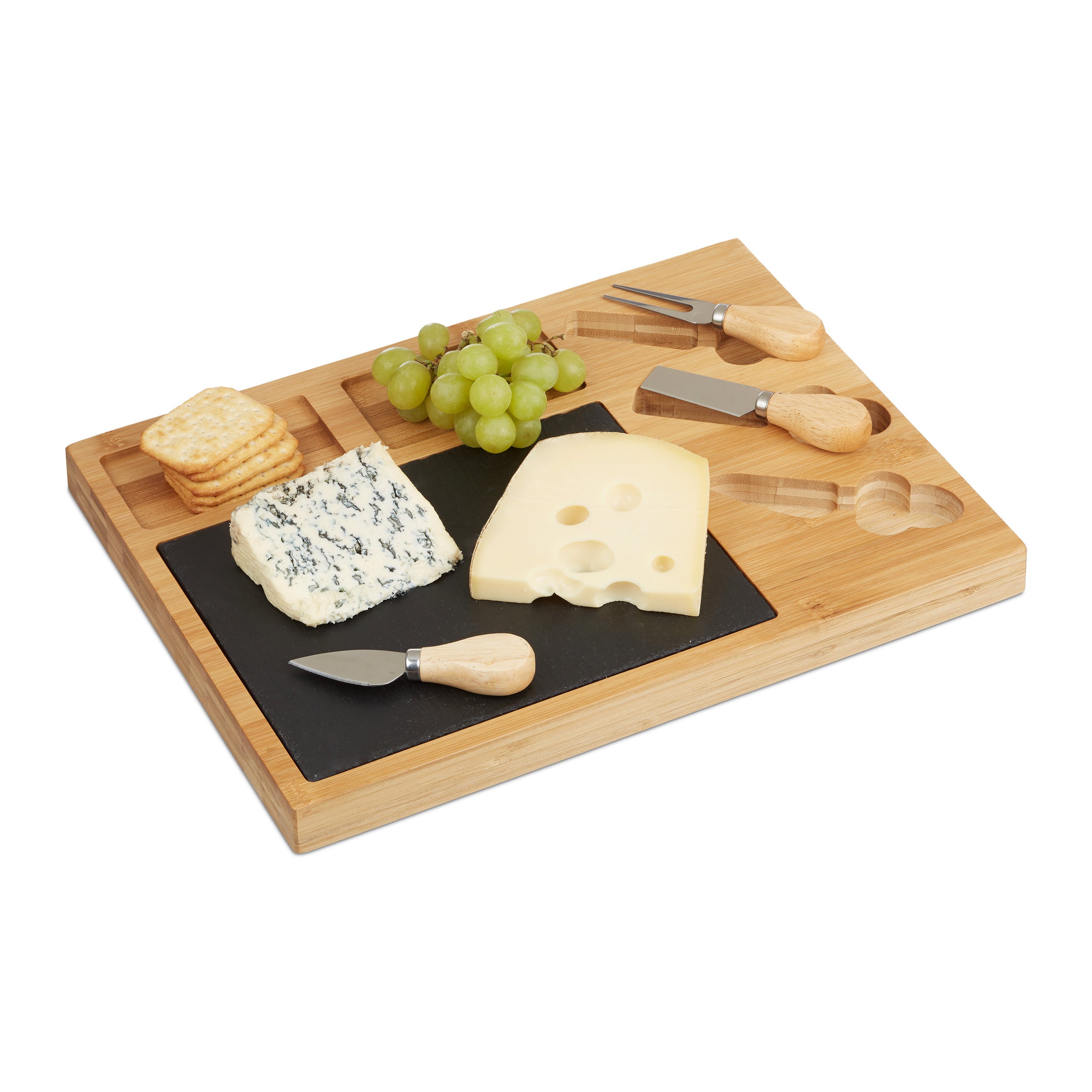 Quesera Redonda Relaxdays De Bambú Y Pizarra - Con Campana, Cuchillo Y Tenedor, 13x25 Cm