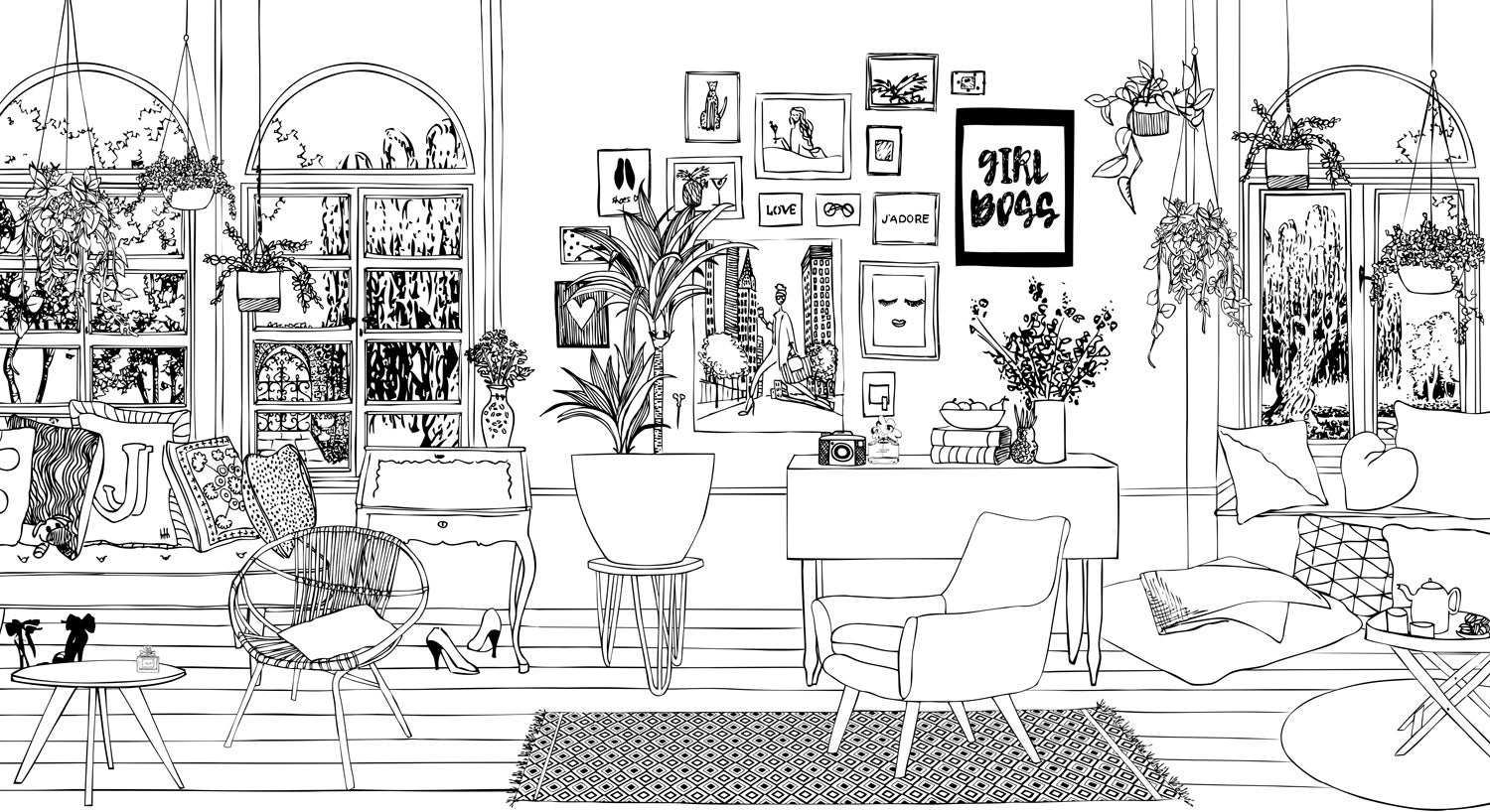 Papier peint panoramique dessin d'un salon noir et blanc - 5,115 x 2,79