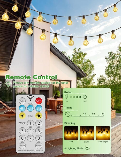 Guirlande Solaire Exterieur, 15m Guirlande Lumineuse Solaire avec 24+1 G40 Ampoules, 8 Modes Étanche IP44 Guirlande Guinguette Extérieur - 3