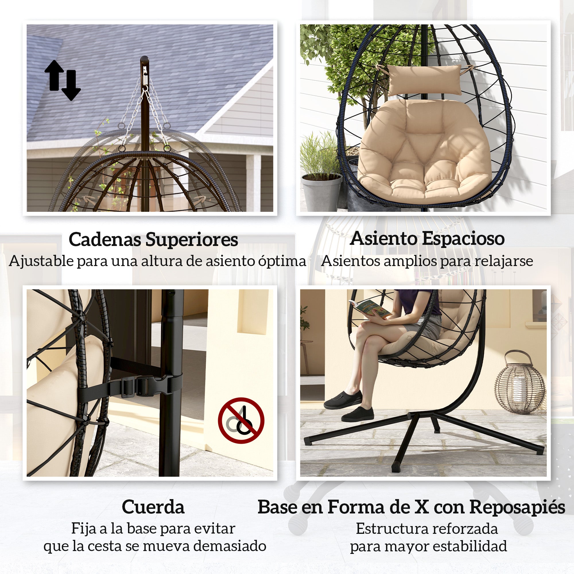 Cadeira Suspensa Outsunny Aço e Poliéster Cáqui 98x95x198 cm - 7