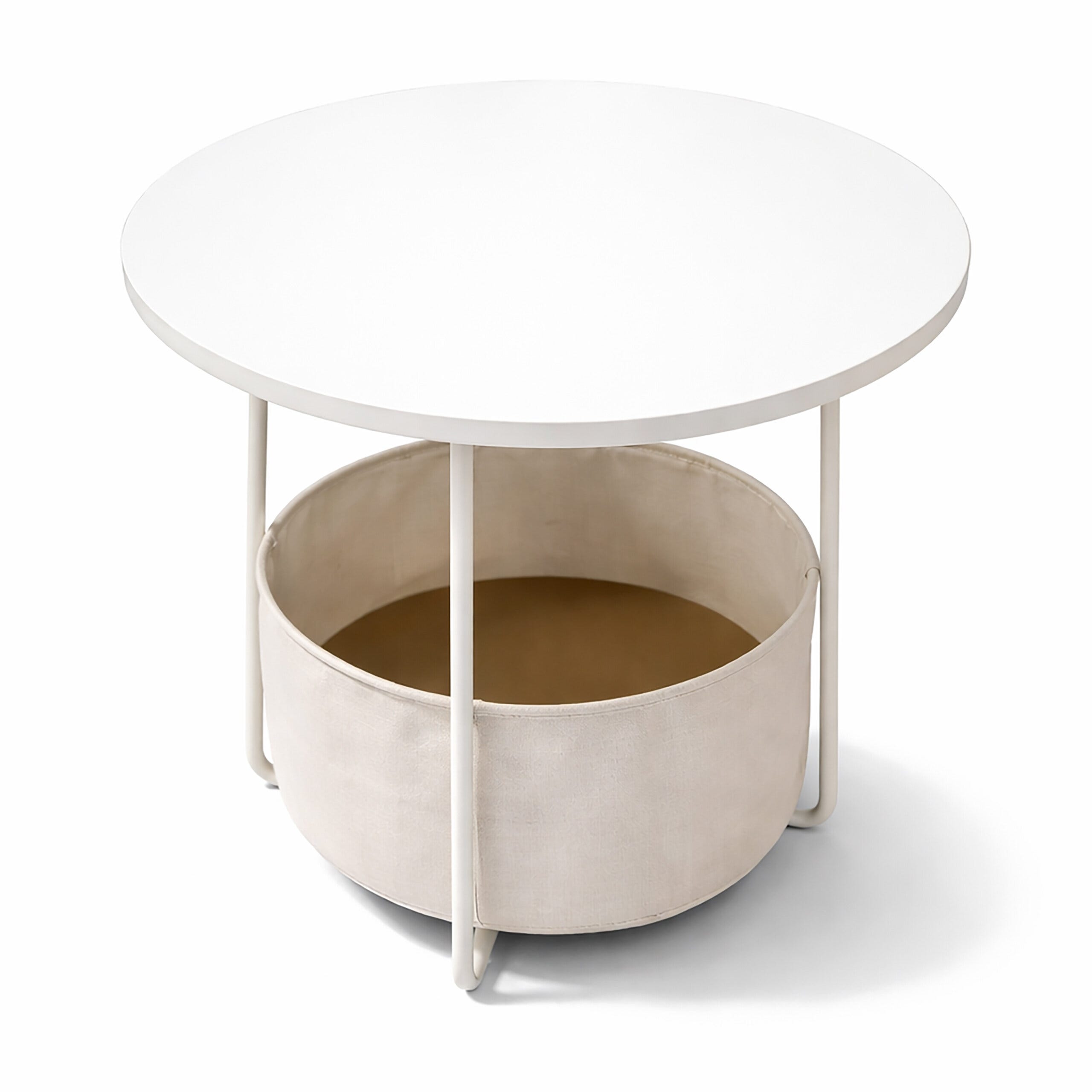 Rinkgarden Table D'Appoint Ronde Avec Panier Tissu - Design Moderne Minimaliste, Métal Robuste + Beige, Parfaite Chevet, Salon Ou Balcon (Blanc + Beige)