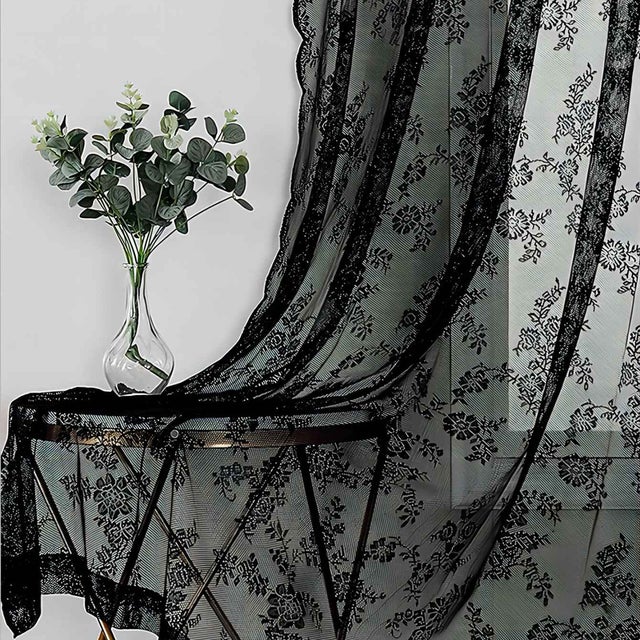 Rideaux en Dentelle Noire Gothique 150x250 cm, 2 Panneaux à Motif Rose Vintage, Filtrent la Lumière pour Salon