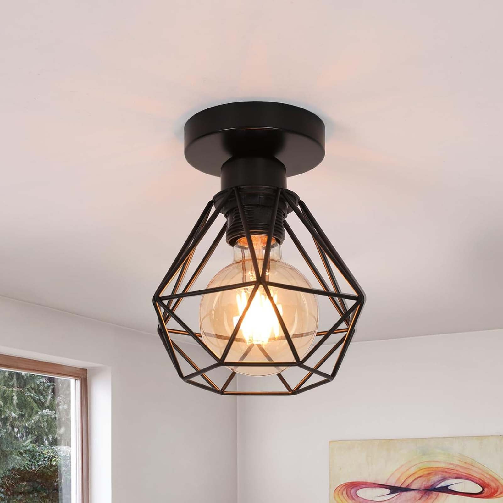 GOECO Plafonnier industriel E27 noir, luminaire plafond cage métal, lampe plafond vintage sans ampoule pour cuisine salon bar - 4