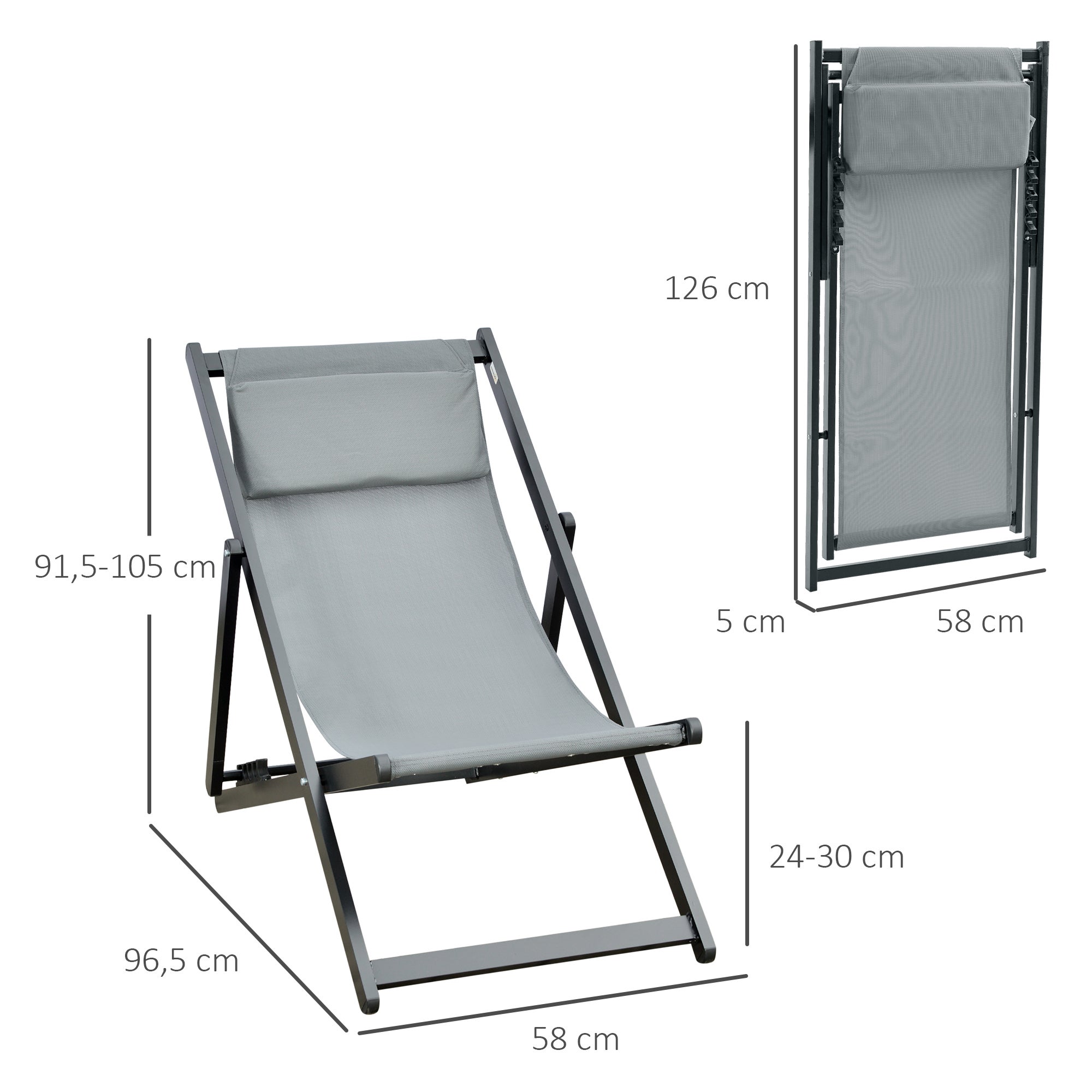 Espreguiçadeiras Dobráveis Outsunny Cinzento Alumínio e Textilene 58x96,5x91,5cm - 3