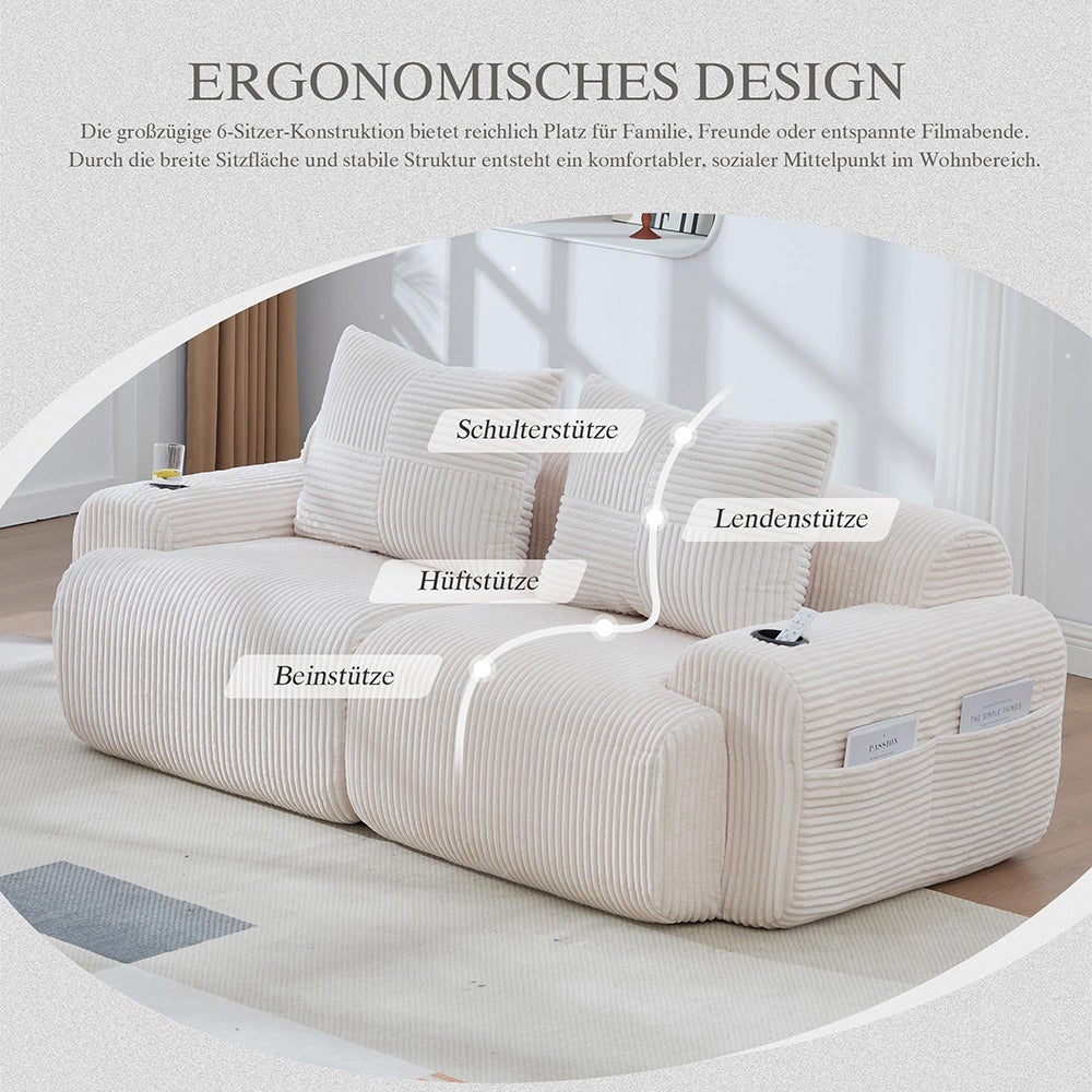 Canapé 2 places 200 cm - Canapé modulable avec accoudoirs - Porte-gobelets - Sans montage - Tissu velours côtelé - Beige - 3