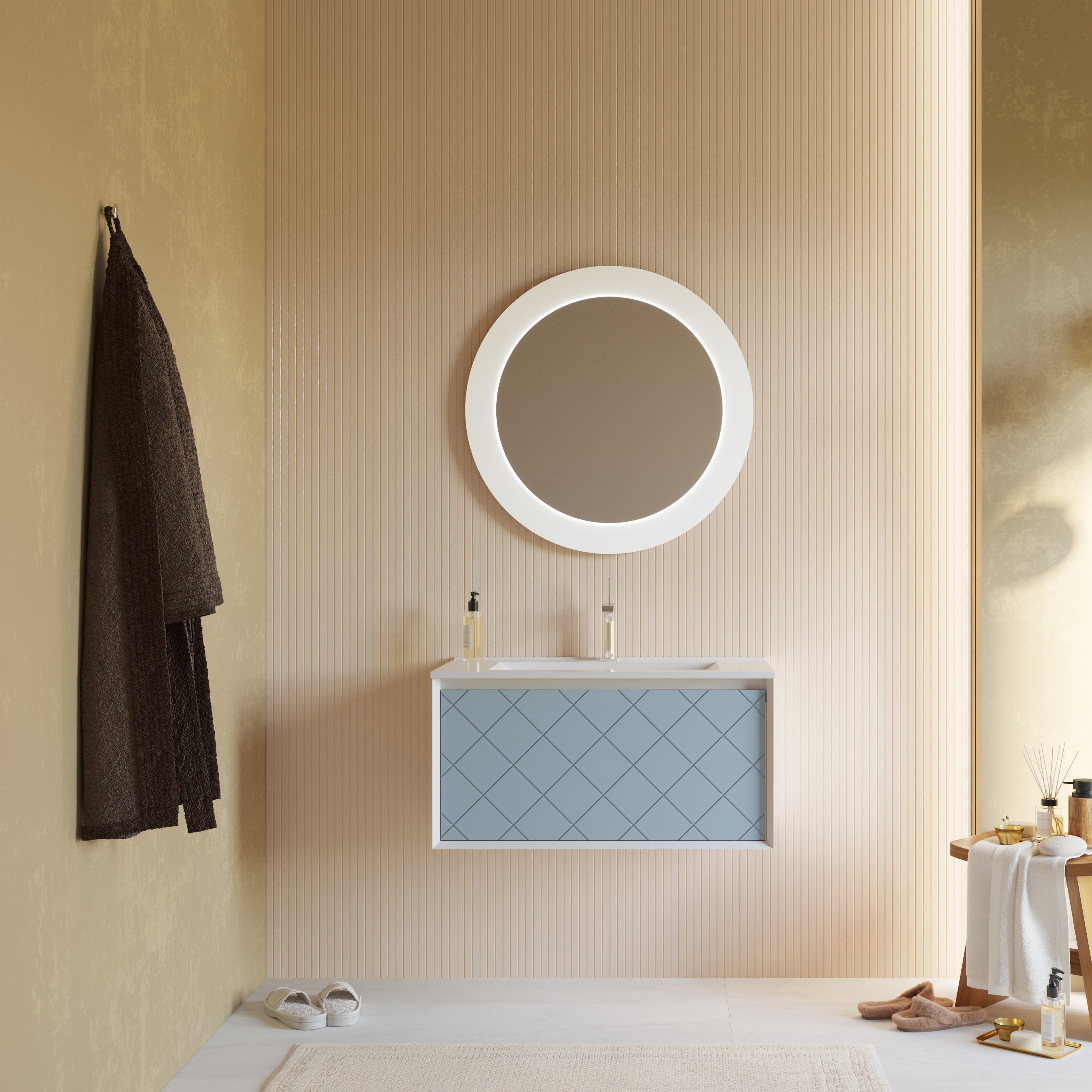 Mueble de baño azul claro mate de 80cm con lavabo y espejo redondo de 75cm | miami