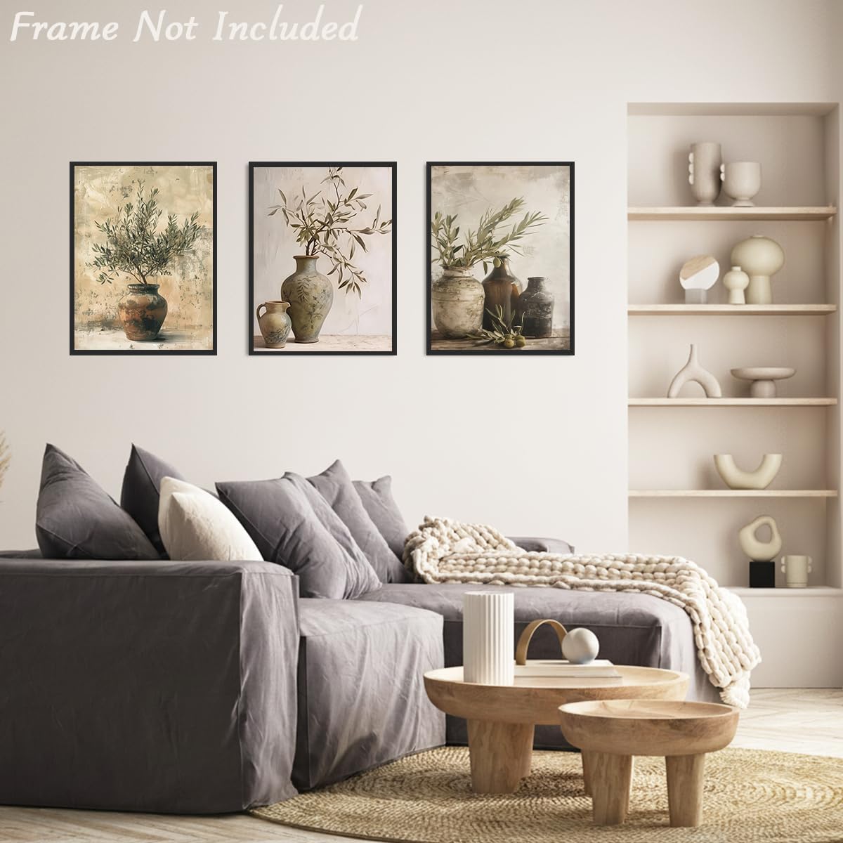Set de 3 Décoration Murale de Branche d'Olivier Rustique, Impressions sur Toile dans Pot en Terre Cuite pour Style Fermier 12x16 pouces sans Cadre - 3