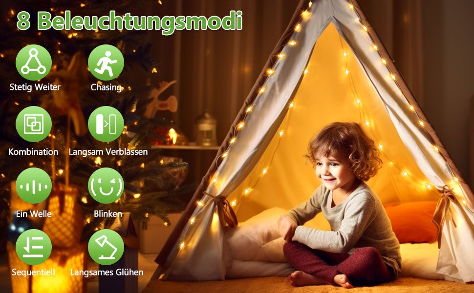 Cordão de Luzes Solares para Exterior, 2 x 10 m, 100 LED, À Prova D'água, Luz Branca Quente, 8 Modos de Iluminação - 8