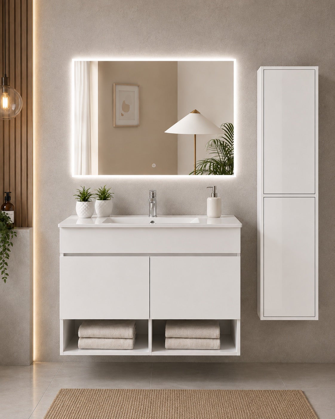 Mobilier de baie suspendat cu lavoar ORIGENBATH NEBARI cu uși cu coloană 120x45 cm alb cu coloană