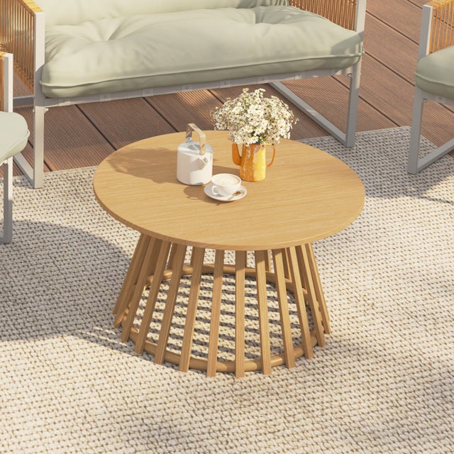 Table basse de jardin ronde 70 cm SOLAL avec pied lattes en métal effet bois