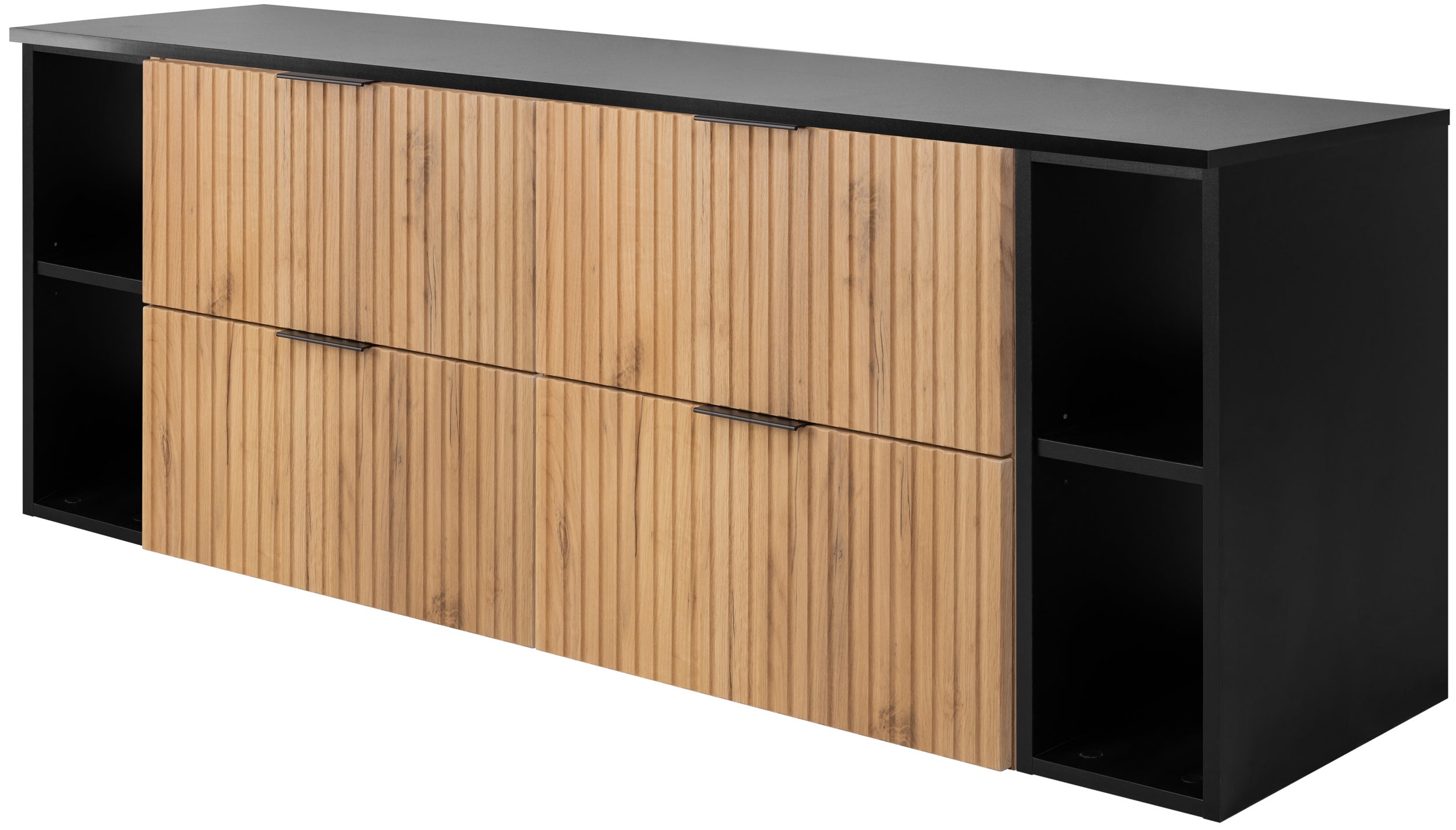 Szafka łazienkowa FLOW 160 cm dąb craft z regałami czarna blat ryflowany front