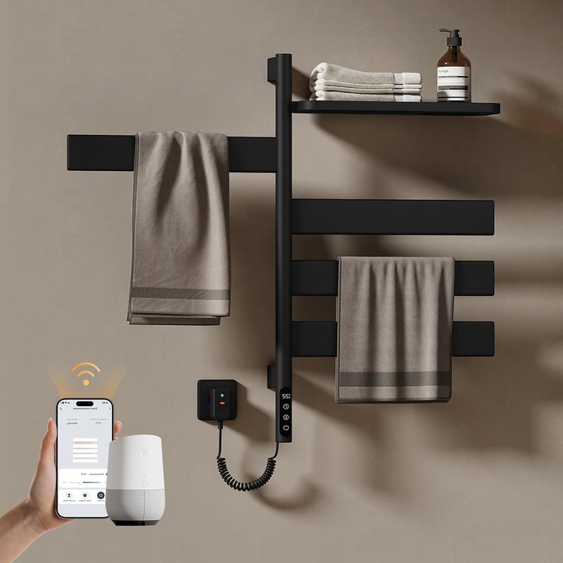 EMKE Grzejnik elektryczny łazienkowy 120W 76x45 cm czarny mat - WiFi+TUYA+Głos (Google/Alexa) z półką, Obracany o 180°