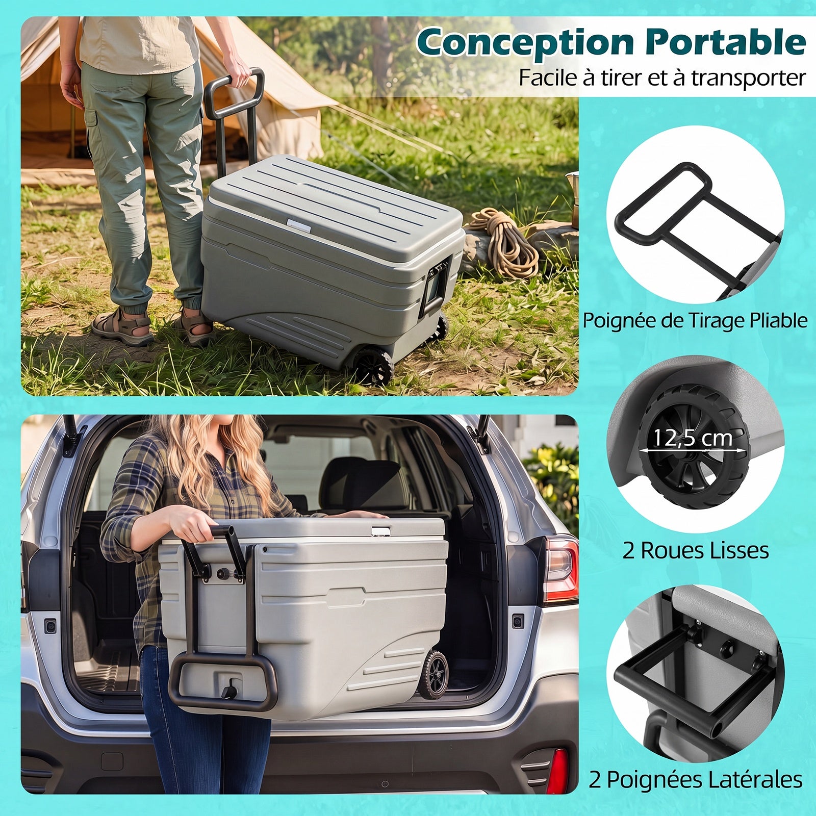 Glacière Rigide 98L, Glacière à Roulettes Maintien au Froid 5-7 Jours, Orifice de Vidange, Poignée Pliable, Coffre à Glace Portable, Camping, Barbecue - 7