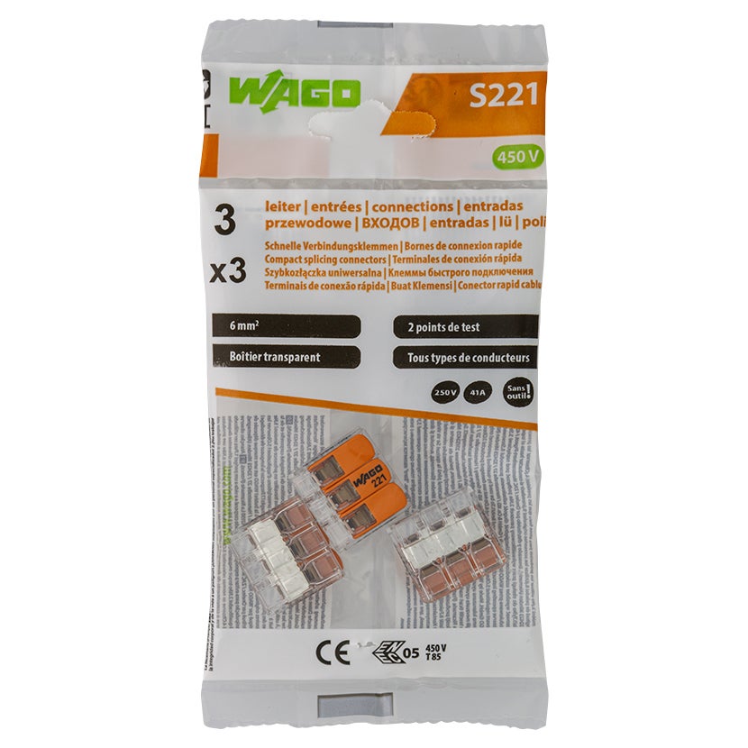 Sachet de 3 bornes S221 3 entrées fils souples et rigides 0.5 à 6mm²-WAGO - 3
