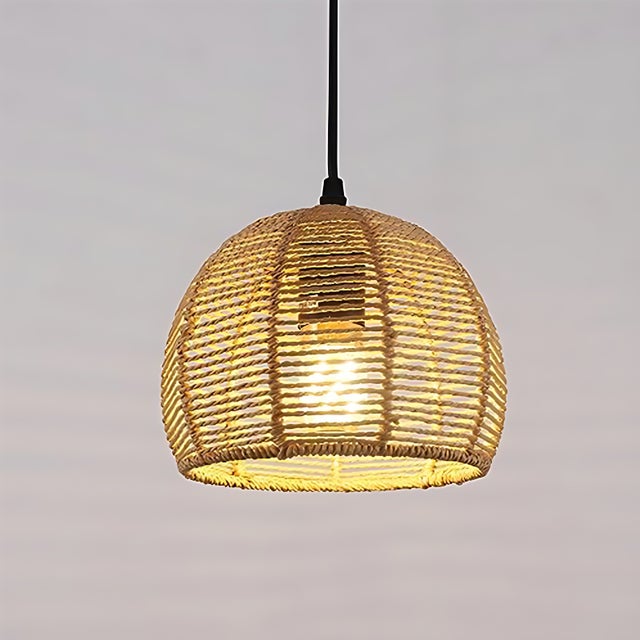 GOECO Lustre en Bambou Tissé - 20x20cm, Base Noire, Douille E27, Sans Ampoule, Câble de Suspension 1.2m