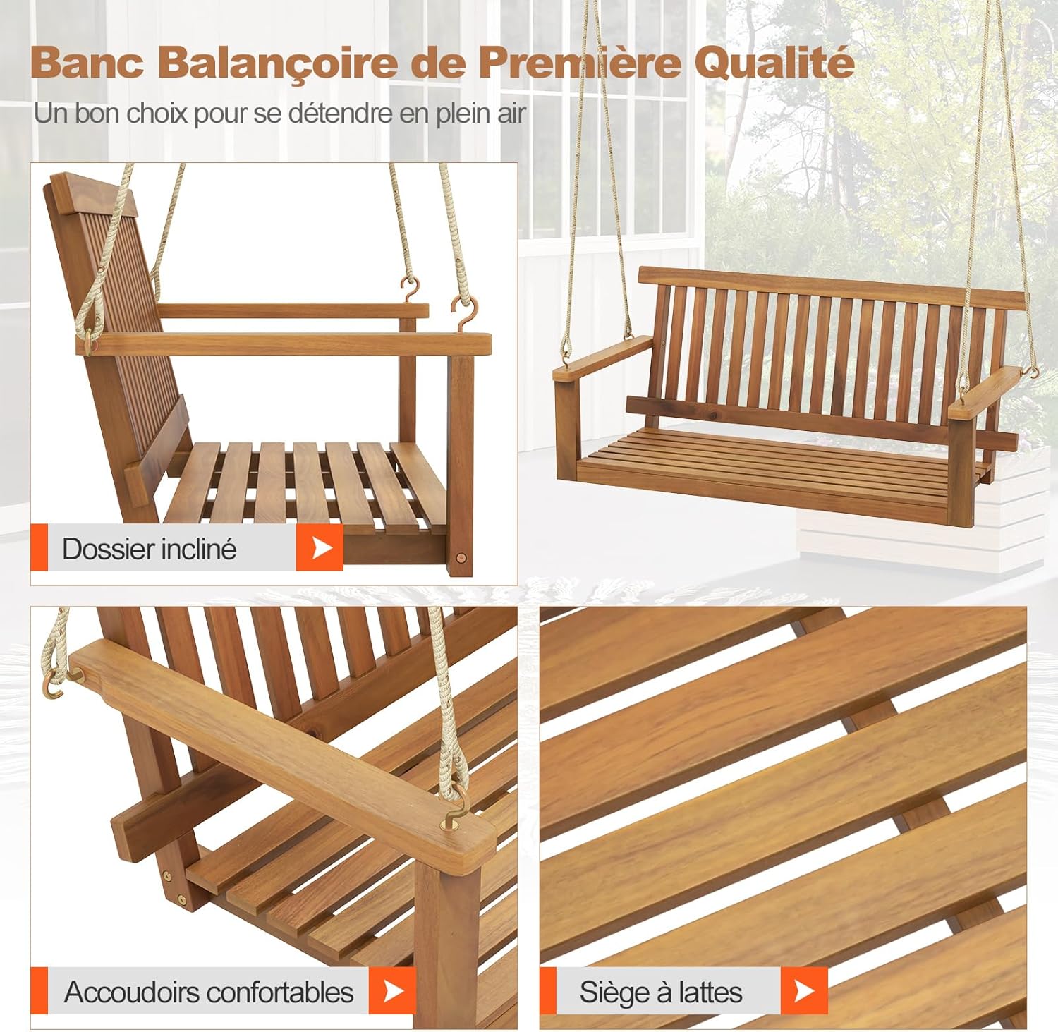 Balançoire de Porche Suspendue pour 2 Personnes, Banc de Balançoire d'Extérieur en Bois Massif avec 2 Cordes de 252 CM, Charge 360 KG - 7