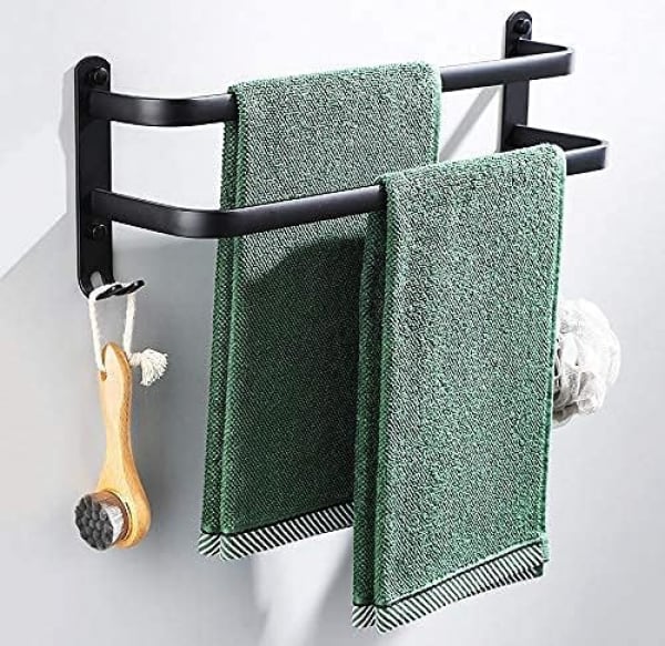 Wieszak na ręczniki łazienkowe, czarny, samoprzylepny, ścienny, do prysznica i kuchni, wodoodporny, z haczykiem (dwa drążki 60 cm)