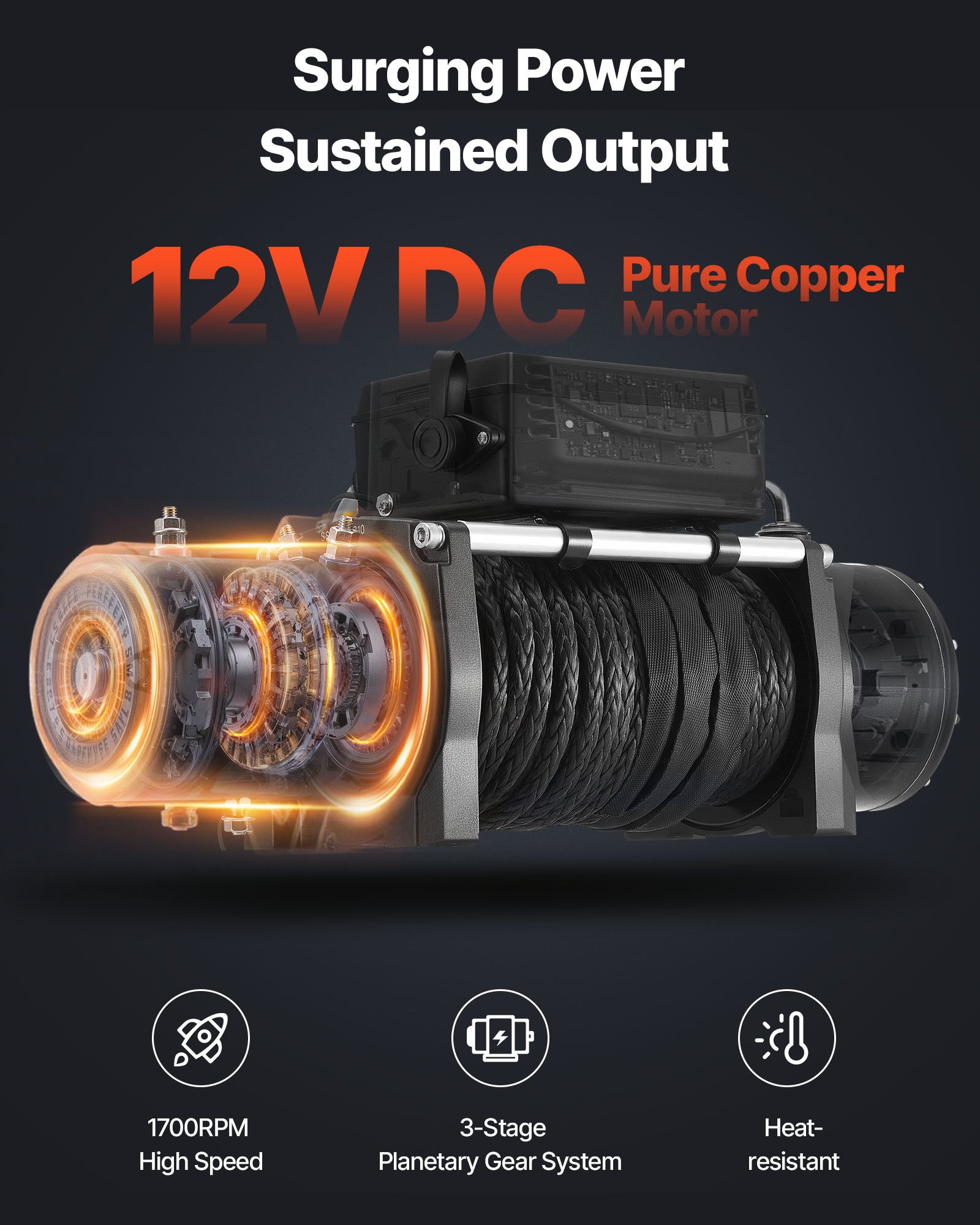 Treuil électrique VEVOR, corde synthétique, 12 V CC, 6100 kg, Ø9,5 mm×26 m, télécommande sans fil/fil, IP55, pour SUV/Jeep/remorque/bateau/4x4 - 3