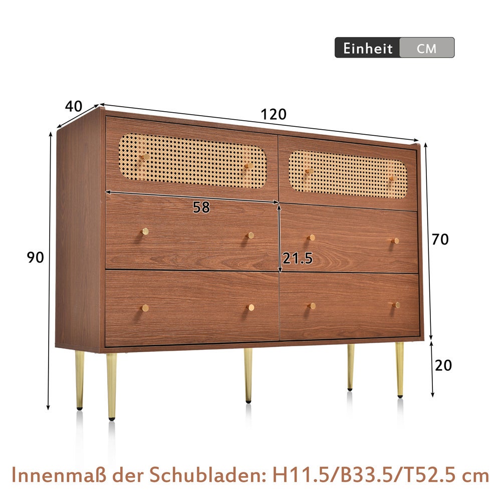 Komoda 6-szufladowa, kredens/komoda rattanowa do sypialni i salonu, orzech - wys. 90/szer. 120/gł. 40 cm - 3