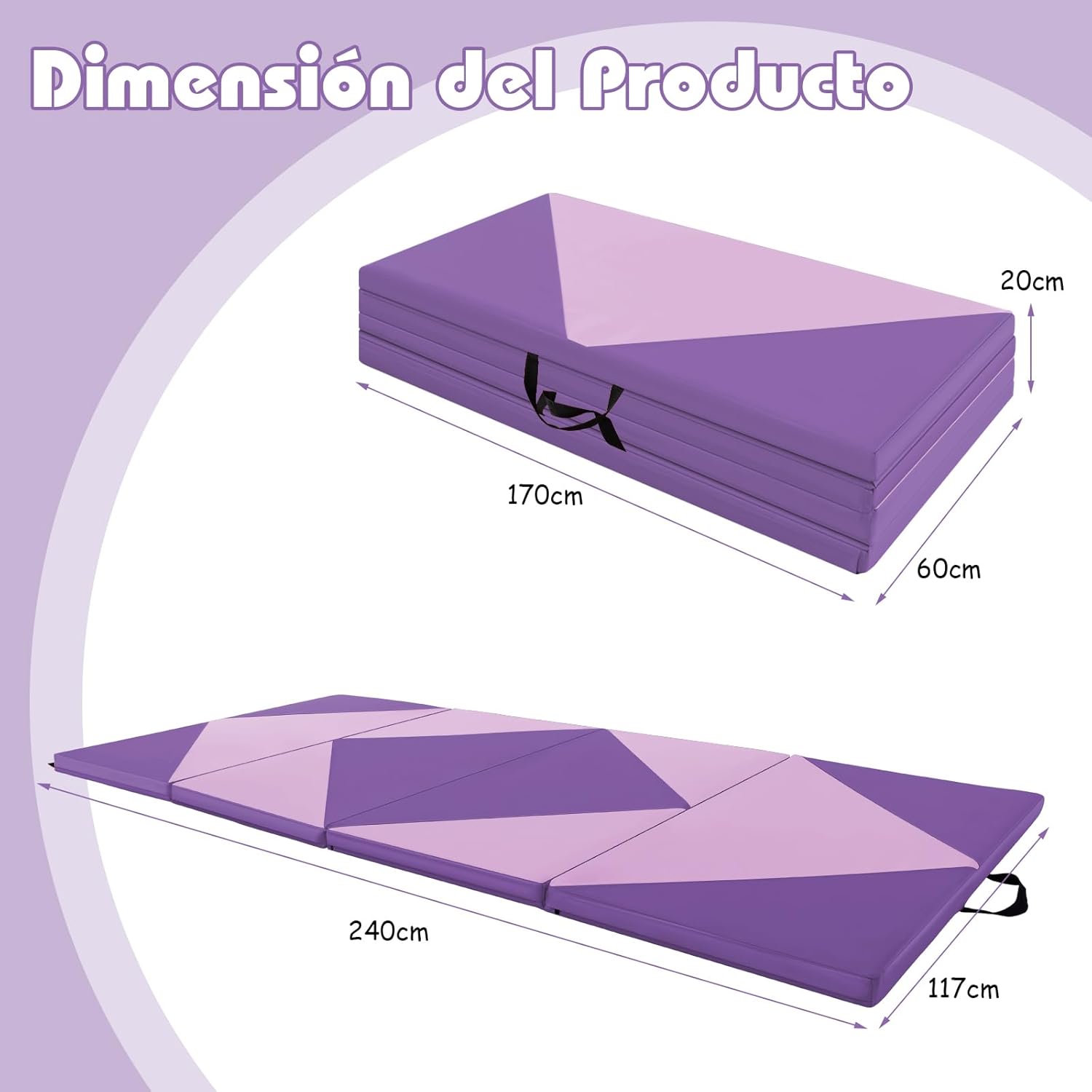 Tapete de ginástica dobrável, 240 x 117 x 5 cm, 4 dobras e alças laterais para transporte, tapete de ginástica em couro impermeável, ioga - 7